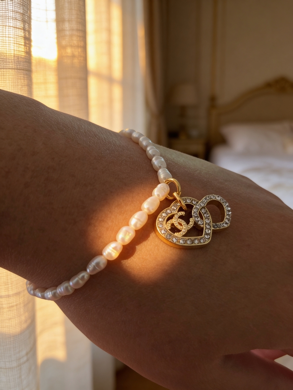 Pearl Bead Bracelet with Gold Heart CC Charm